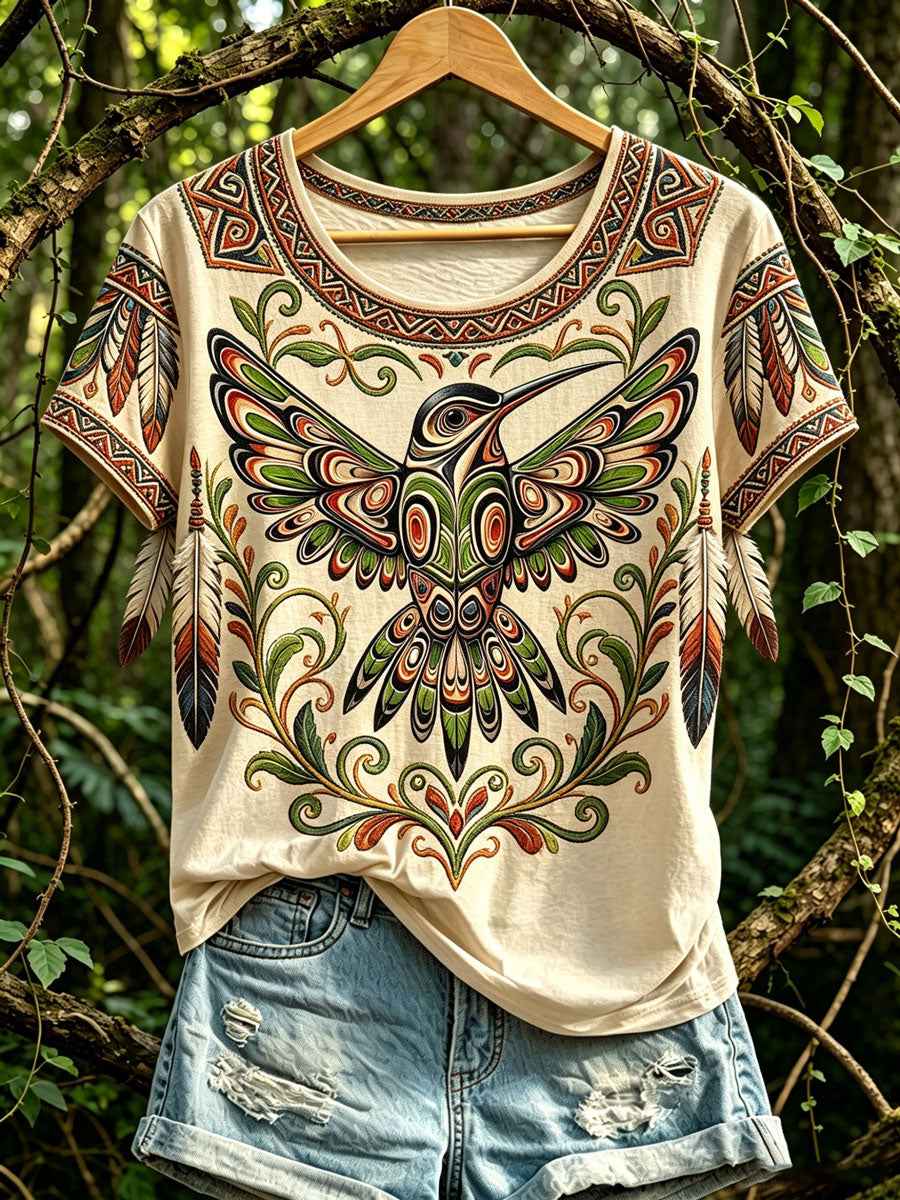 Women's Casual T-Shirt with North American Indigenous Bird Totem Design