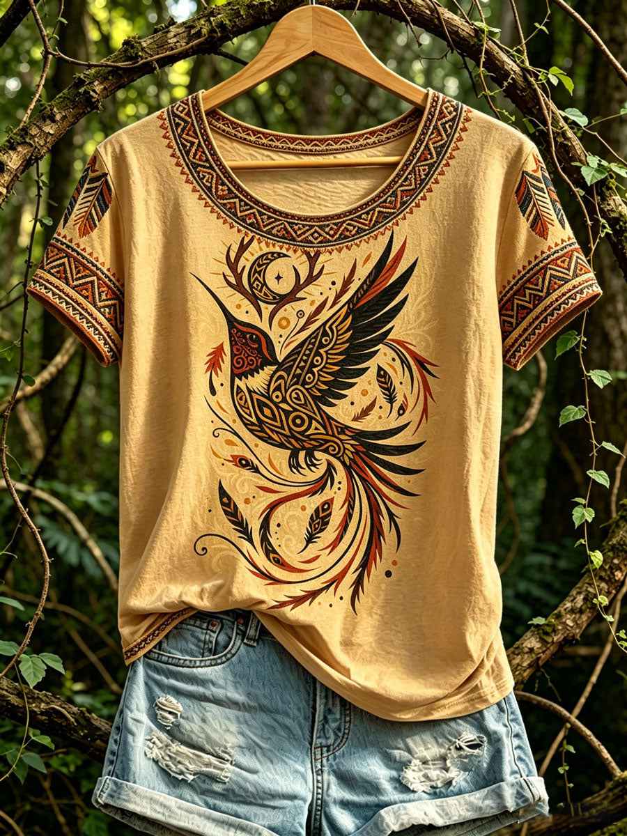 Women's Casual T-Shirt with North American Indigenous Bird Totem Design
