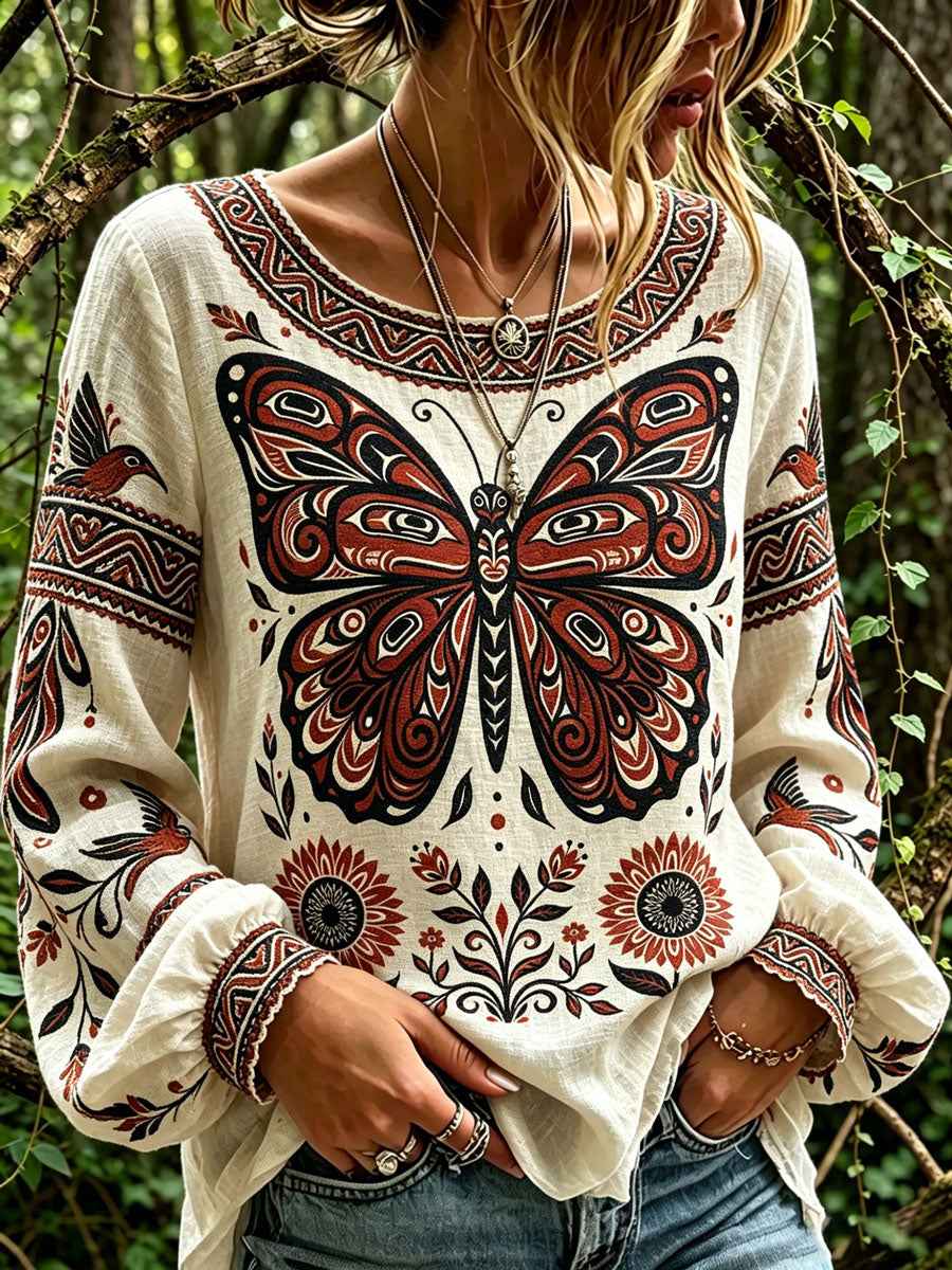 Women's Casual Shirt with North American Indigenous Butterfly Totem Design