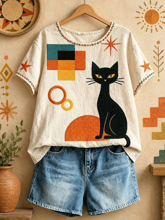Women's Geometric Cat Art Casual Tops