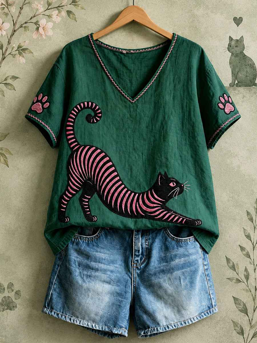 Women's Cat V-Neck Tops