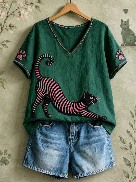 Women's Cat V-Neck Tops