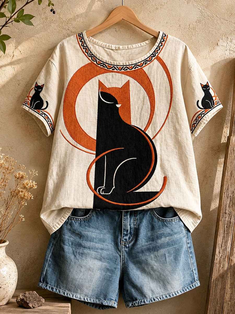 Women's Geometric Cat Art Casual Tops