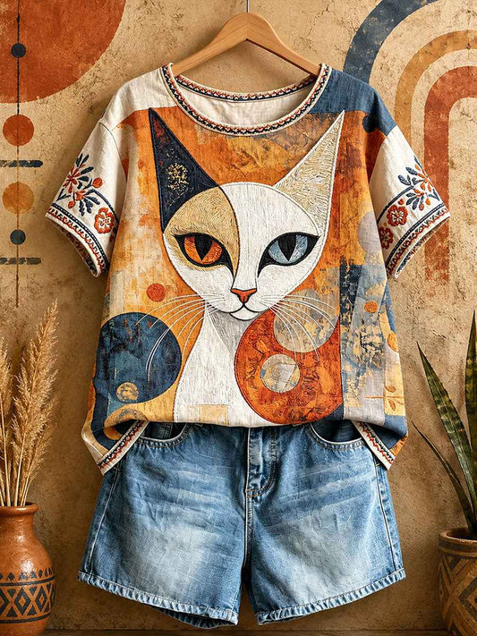 Women's Geometric Cat Art Casual Tops