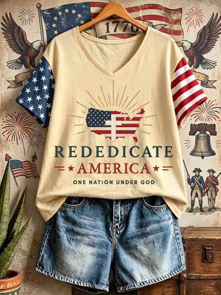 Women's One Nation Under God Independence Day USA Flag Print Casual V-Neck Patriotic Tee