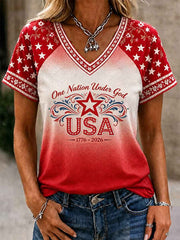 Women's Independence Day One Nation Under God Print V-Neck Tee