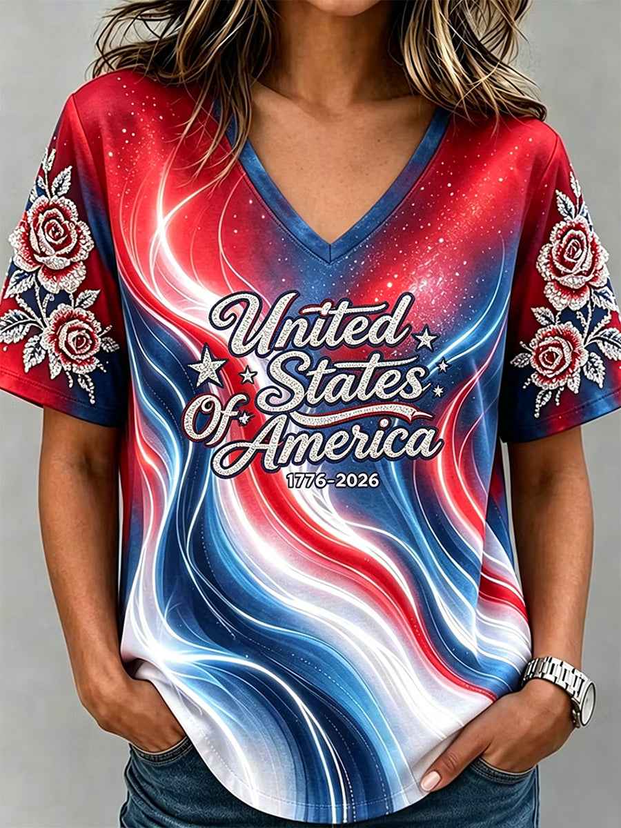Women's Independence Day United States Of America V-Neck Tee