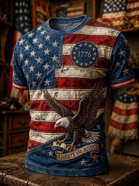 Men's Independence Day Retro USA Flag Print Casual Patriotic Tee