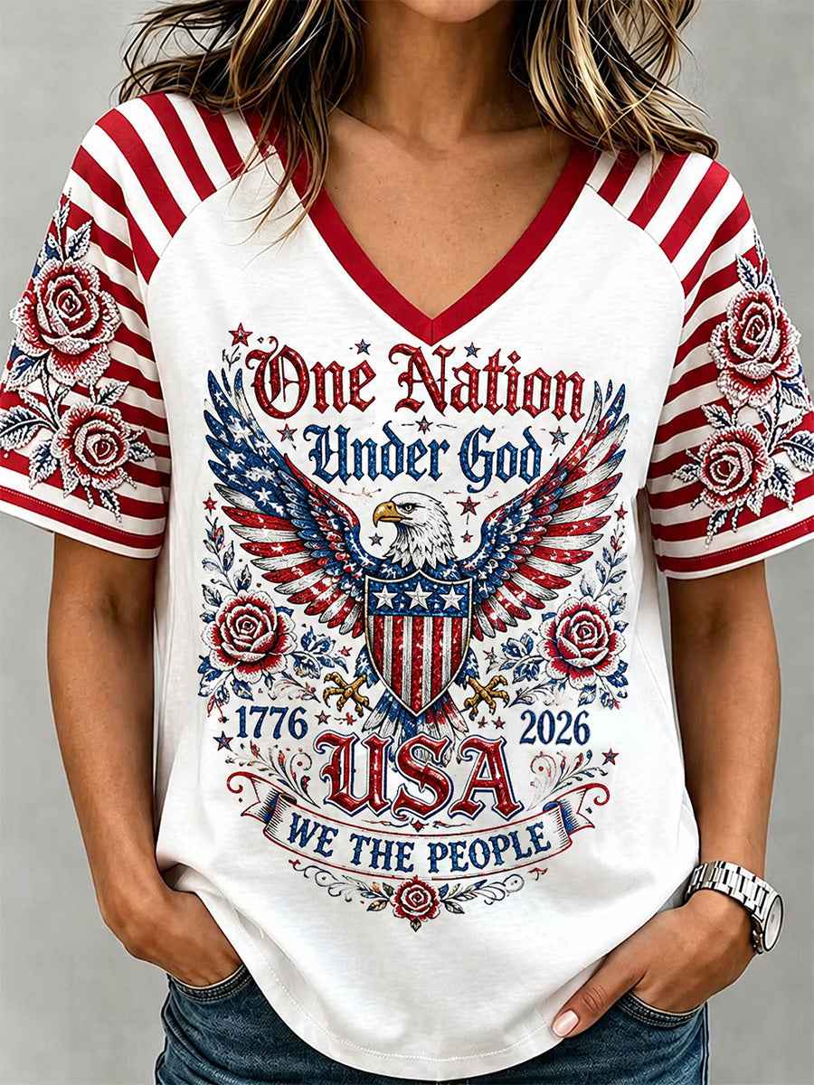 Women's Independence Day One Nation Under God Print V-Neck Tee