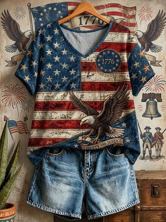 Women's Independence Day USA Flag Print Casual V-Neck Patriotic Tee