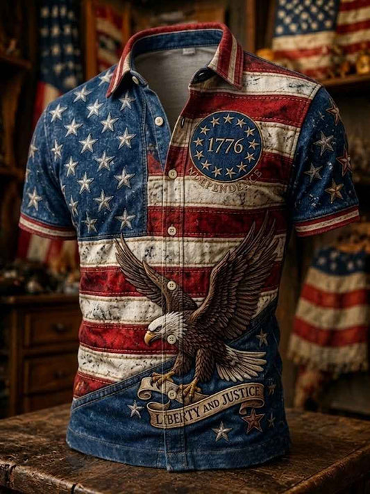 Men' Independence Day USA Flag Print Casual Short Sleeve Shirt