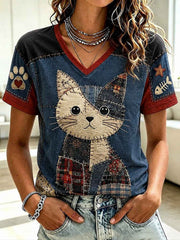Women's Cat Lovers Printed V-neck T-shirt