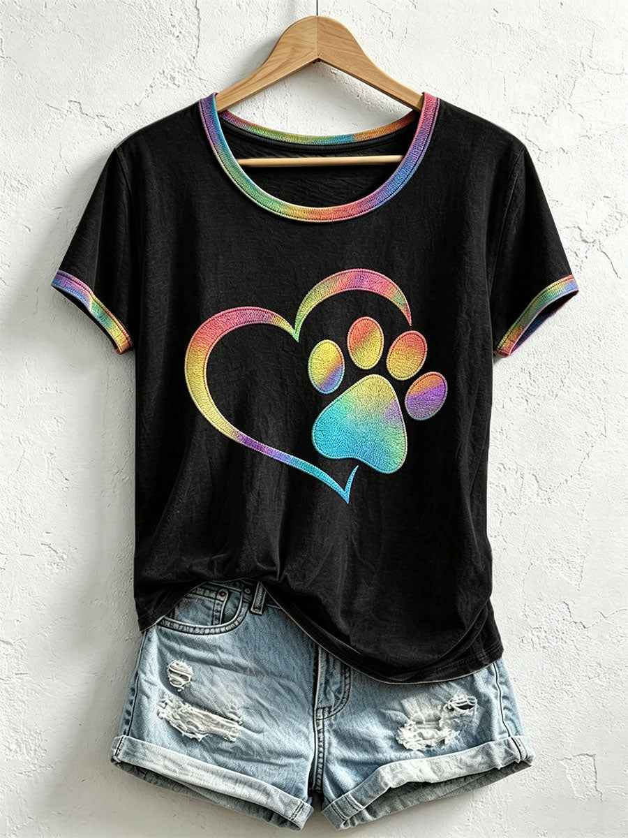 Women's Colorful Heart Paw Print T-Shirt