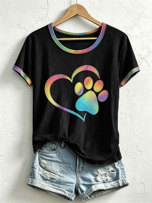 Women's Colorful Heart Paw Print T-Shirt