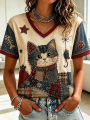Women's Cat Lovers Printed V-neck T-shirt