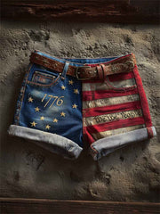 Women's We the People 1776 American Flag Print Contrast Color Denim Shorts