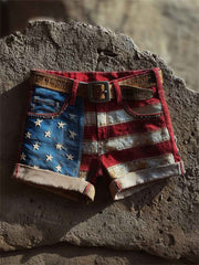 Women's Vintage American Flag Patchwork Art Print Denim Shorts