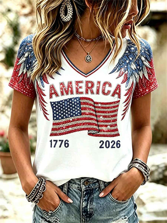 Women's America 1776-2026 Flag & Wings Glitter Print short-sleeved T-shirt
