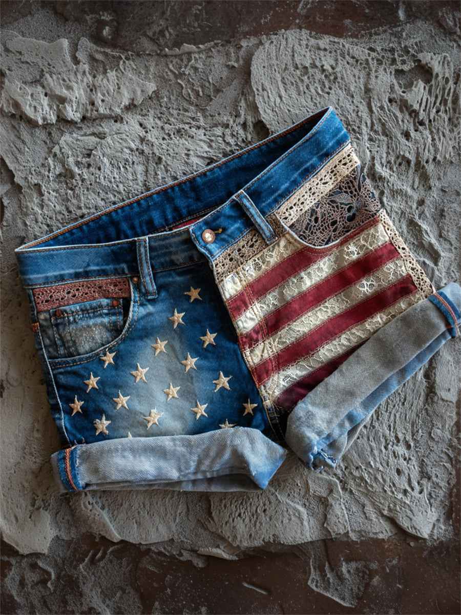 Women's Vintage American Flag Lace Art Print Denim Shorts