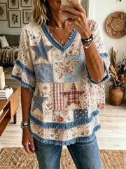 Women's American Patchwork Printed Cotton-Linen Shirt