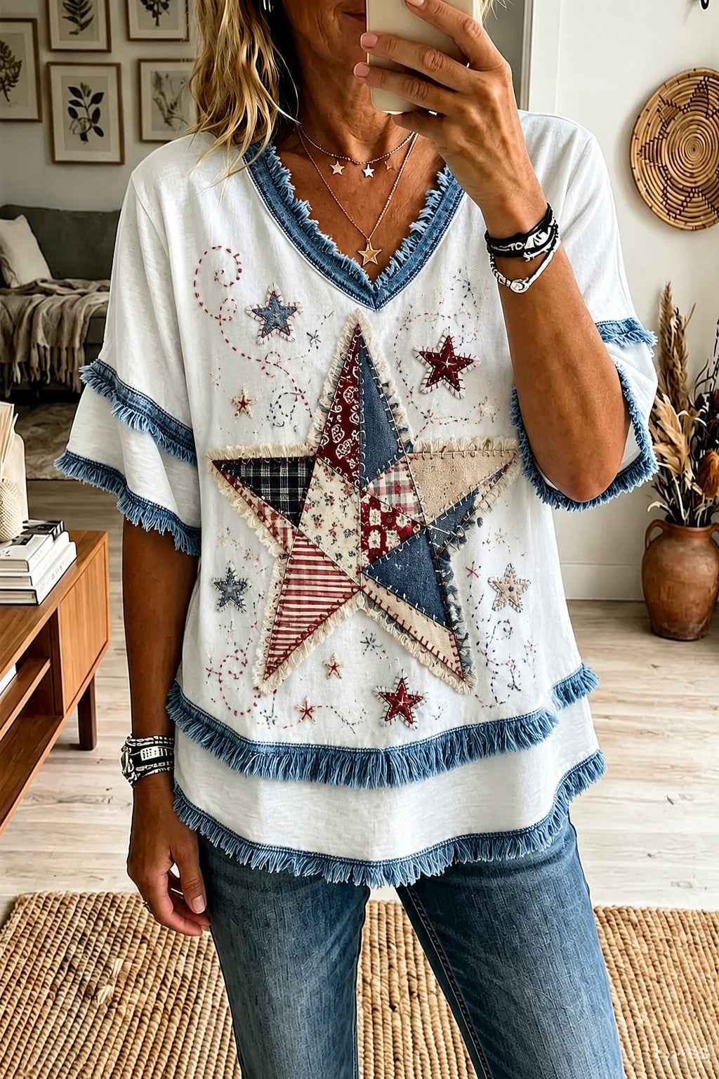Women's American Patchwork Printed Cotton-Linen Shirt