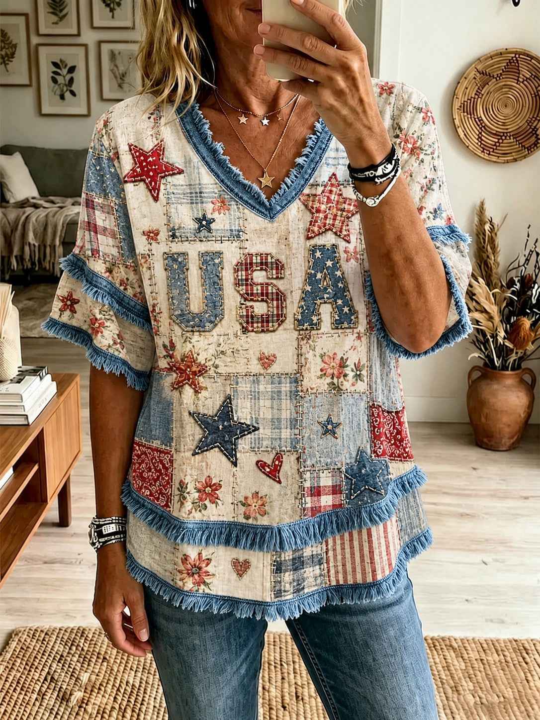 Women's American Patchwork Printed Cotton-Linen Shirt