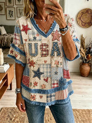Women's American Patchwork Printed Cotton-Linen Shirt