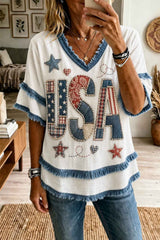 Women's American Patchwork Printed Cotton-Linen Shirt