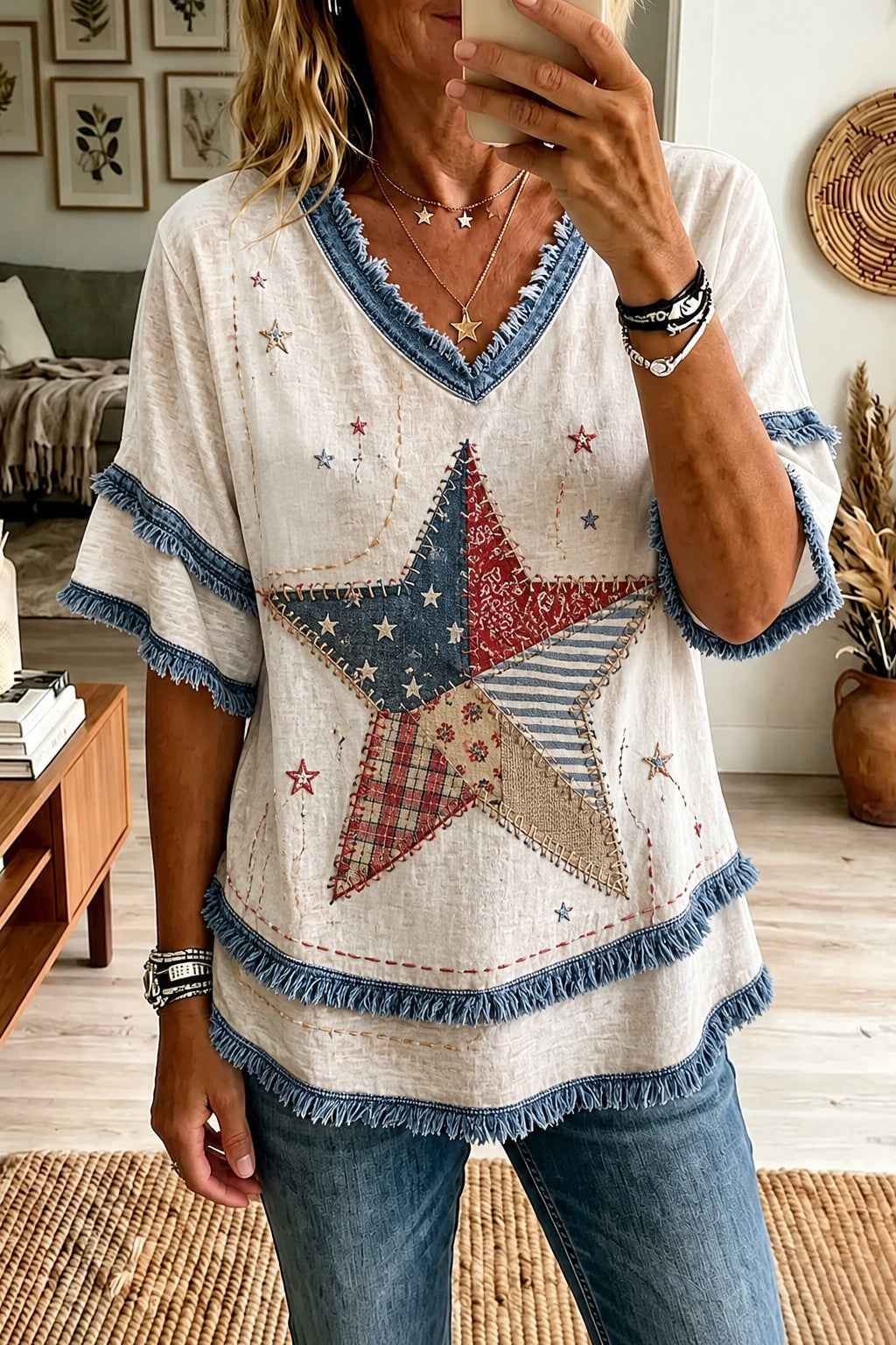 Women's American Patchwork Printed Cotton-Linen Shirt