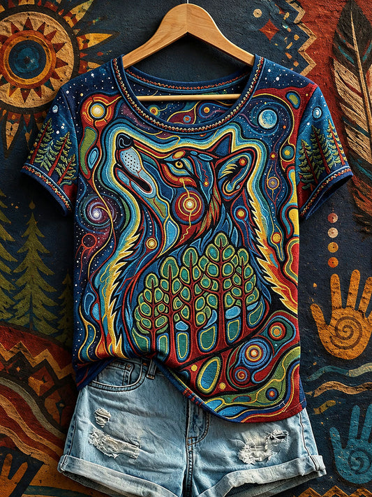 Women's Native Wolf Art T-Shirts gracestitchs