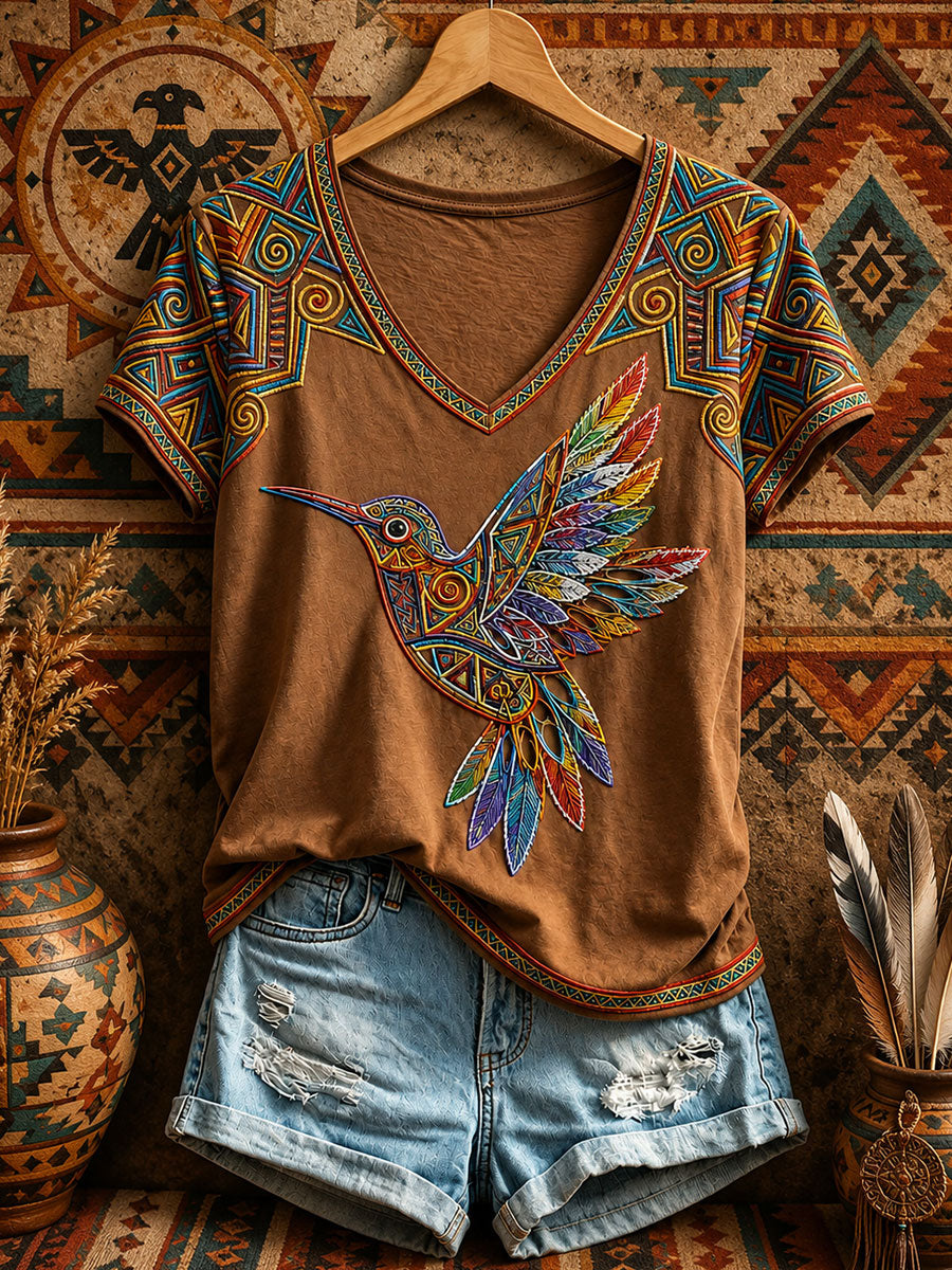 Women's Indigenous Hummingbird Art V-Neck T-Shirts gracestitchs
