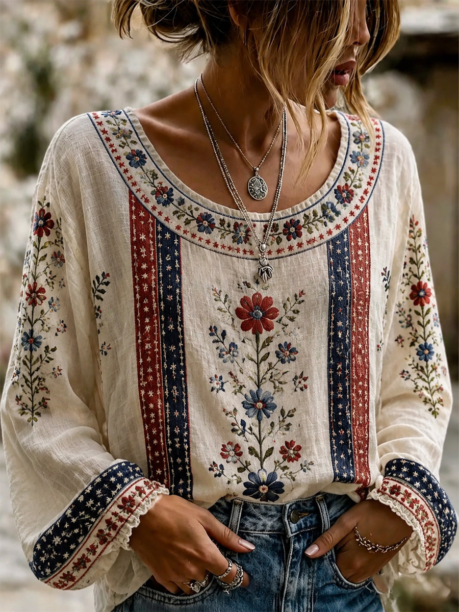 Women's America Floral Print Cotton-Linen Shirt gracestitchs