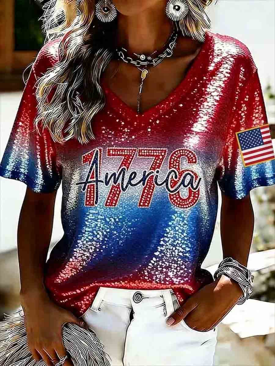 Women's Independence Day Red White Blue American Flag Art Print V-neck T-shirt gracestitchs