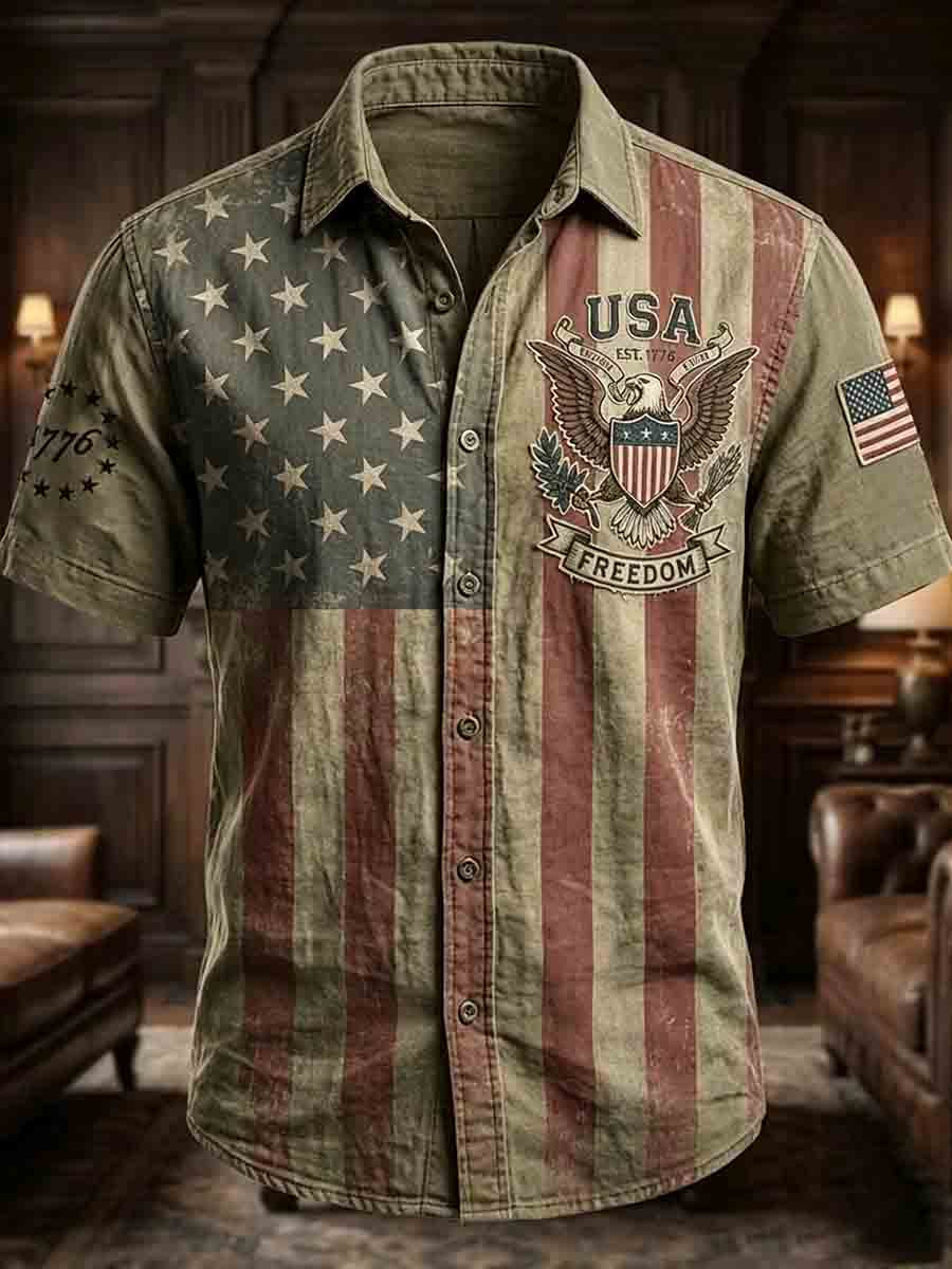 Men's Vintage Independence Day American Flag Print Short Sleeve Shirt gracestitchs