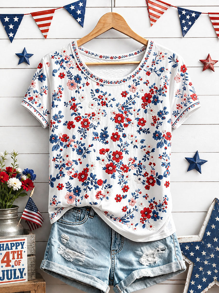 Women's Independence Day Floral Art Print Casual T-Shirt gracestitchs