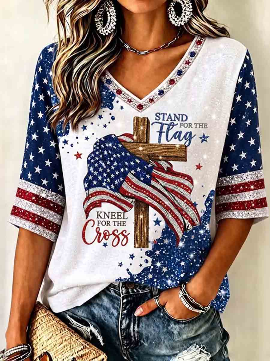 Women's Independence Day Faith Flag Art Print  V-Neck T-Shirt gracestitchs