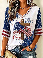 Women's Independence Day Faith Flag Art Print  V-Neck T-Shirt gracestitchs