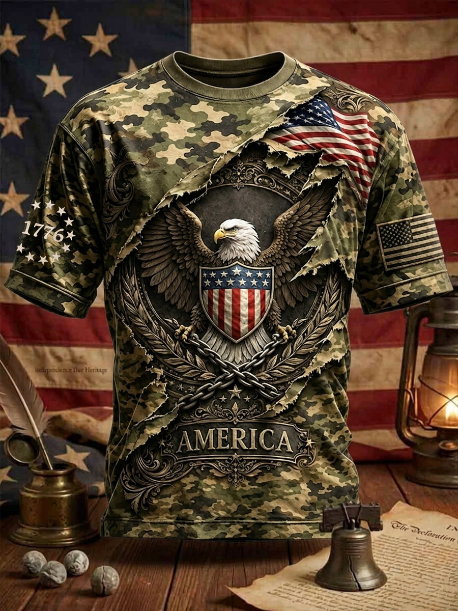 Men's Vintage Independence Day American Flag Eagle Print Casual Short Sleeve T-shirt gracestitchs