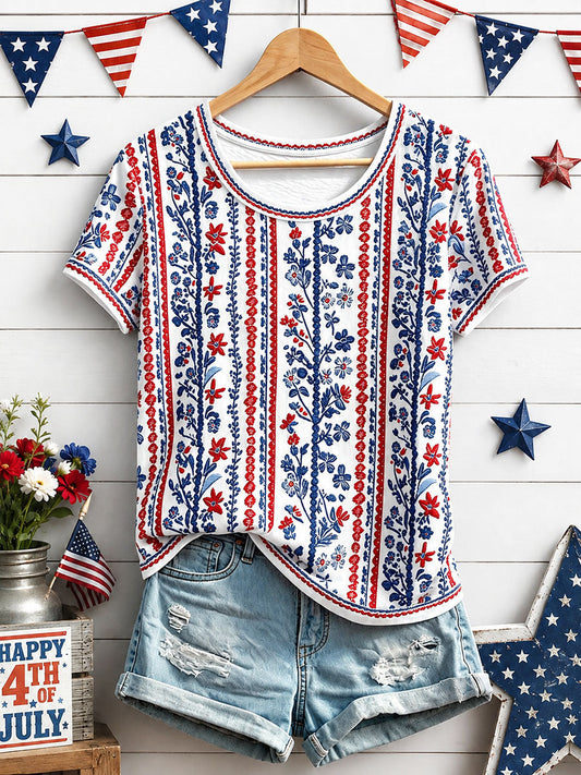 Women's Independence Day Floral Art Print Casual T-Shirt gracestitchs