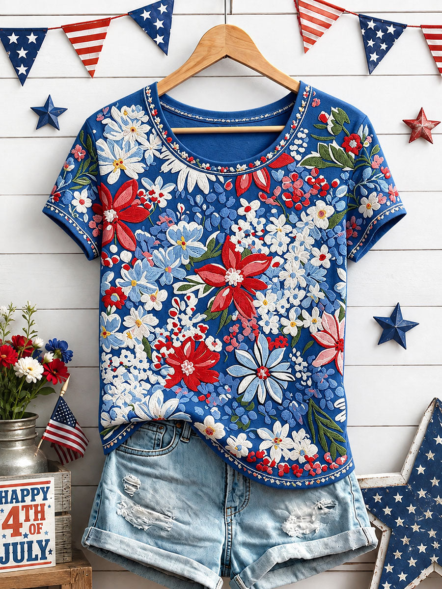 Women's Independence Day Floral Art Print Casual T-Shirt gracestitchs