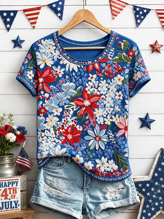 Women's Independence Day Floral Art Print Casual T-Shirt gracestitchs
