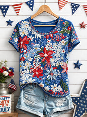 Women's Independence Day Floral Art Print Casual T-Shirt gracestitchs