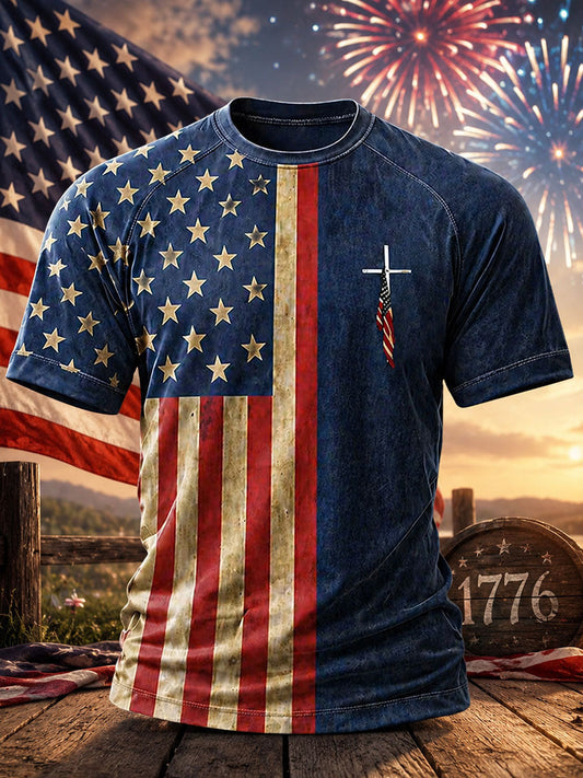 Men's Independence Day Cross Print Casual T-Shirt gracestitchs