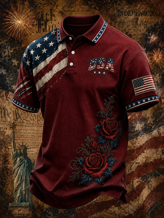 Men's Vintage Independence Day American Flag Art Print Casual Top gracestitchs