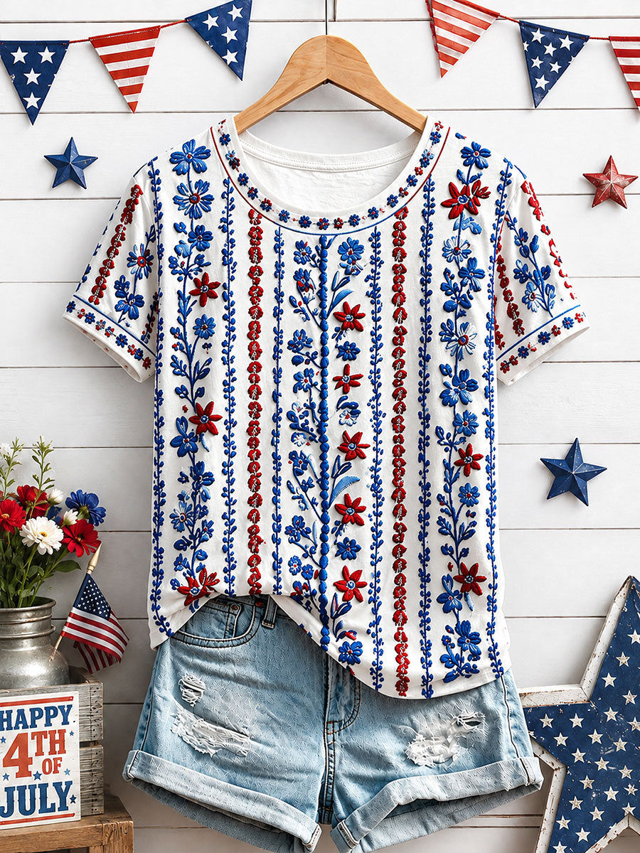 Women's Independence Day Floral Art Print Casual T-Shirt gracestitchs