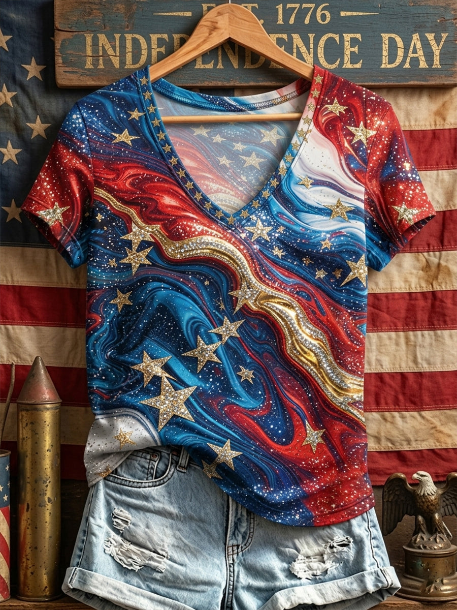 Women's Independence Day Red White Blue American Flag Art Print V-neck T-shirt gracestitchs