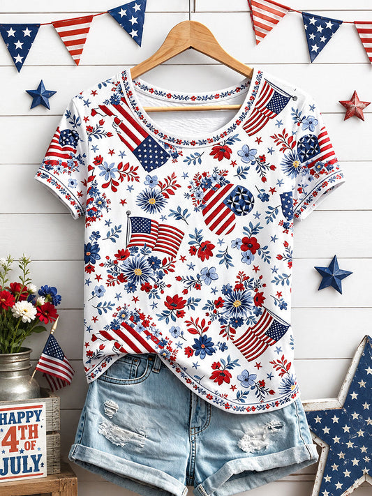 Women's Independence Day Floral Art Print Casual T-Shirt gracestitchs