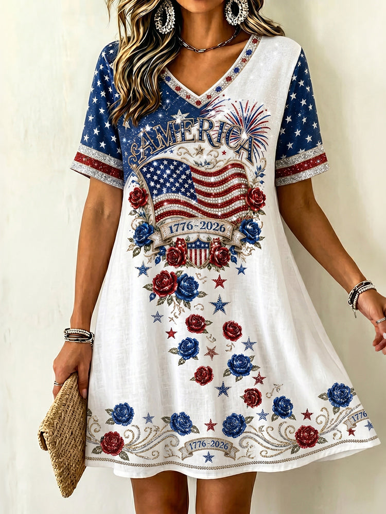 Women's America 1776-2026 Flag & Roses Print Short Sleeve Mini Dress gracestitchs