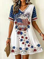 Women's America 1776-2026 Flag & Roses Print Short Sleeve Mini Dress gracestitchs