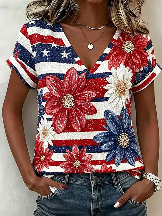 Women's America Floral Printed T-shirt gracestitchs